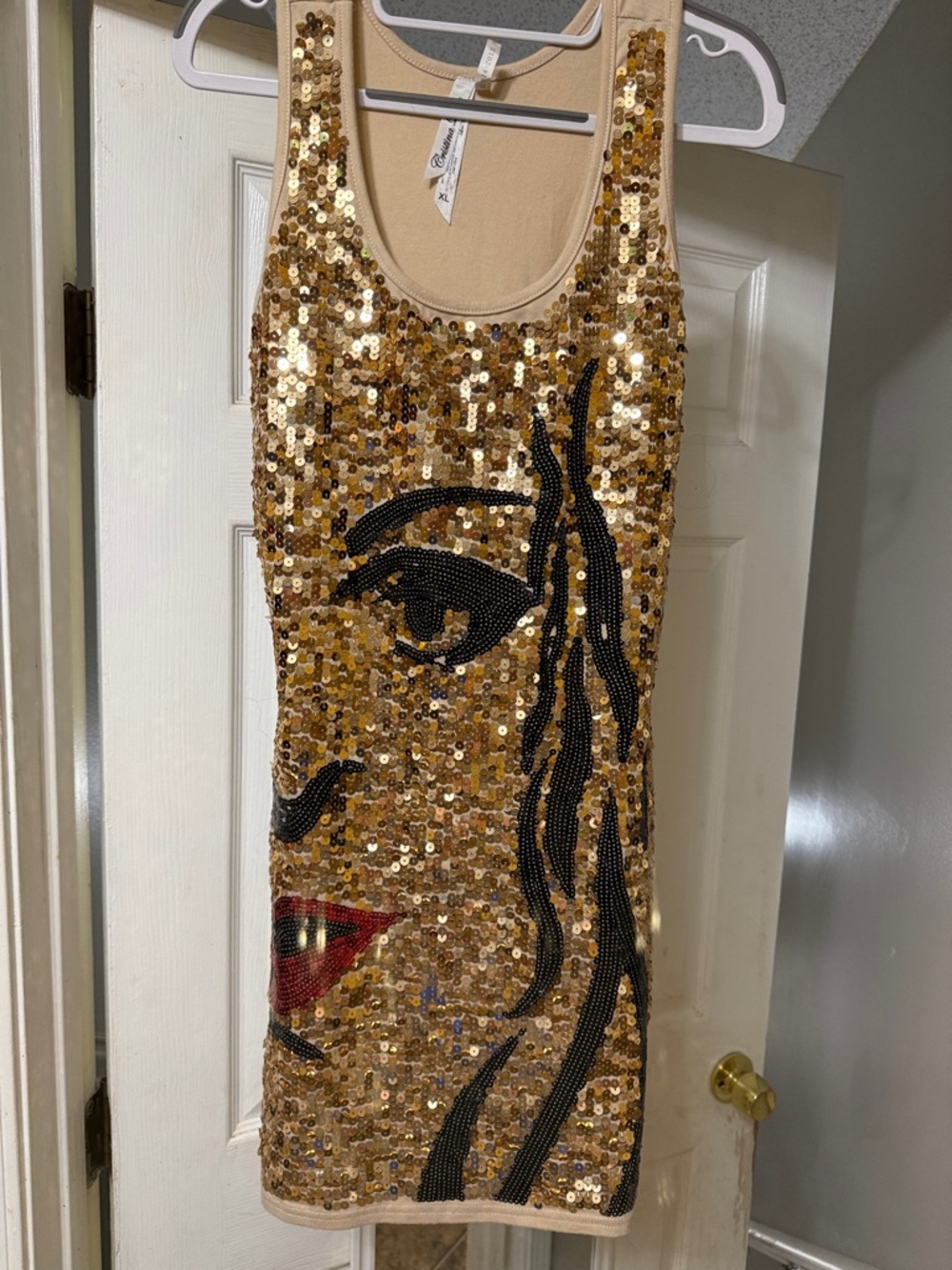 Cristina Love XL Gold Sequin Face Graphic Mini Dress Y2K Nude Tan